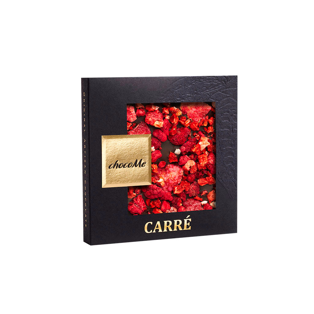 50B103 Chocolate Negro V66% con Pétalos de Rosa, Trozos de Frambuesa y Trozos de Fresa para Pinot Noir