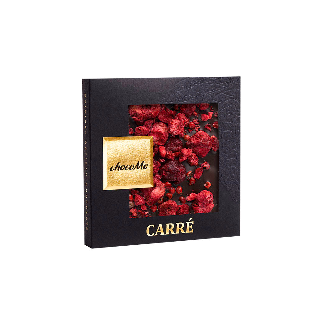50B114 Dark Chocolate V66% with Pieces of Cherries, Freeze-Dried Raspberries and a Pinch of Pink Pepper for Garnacha