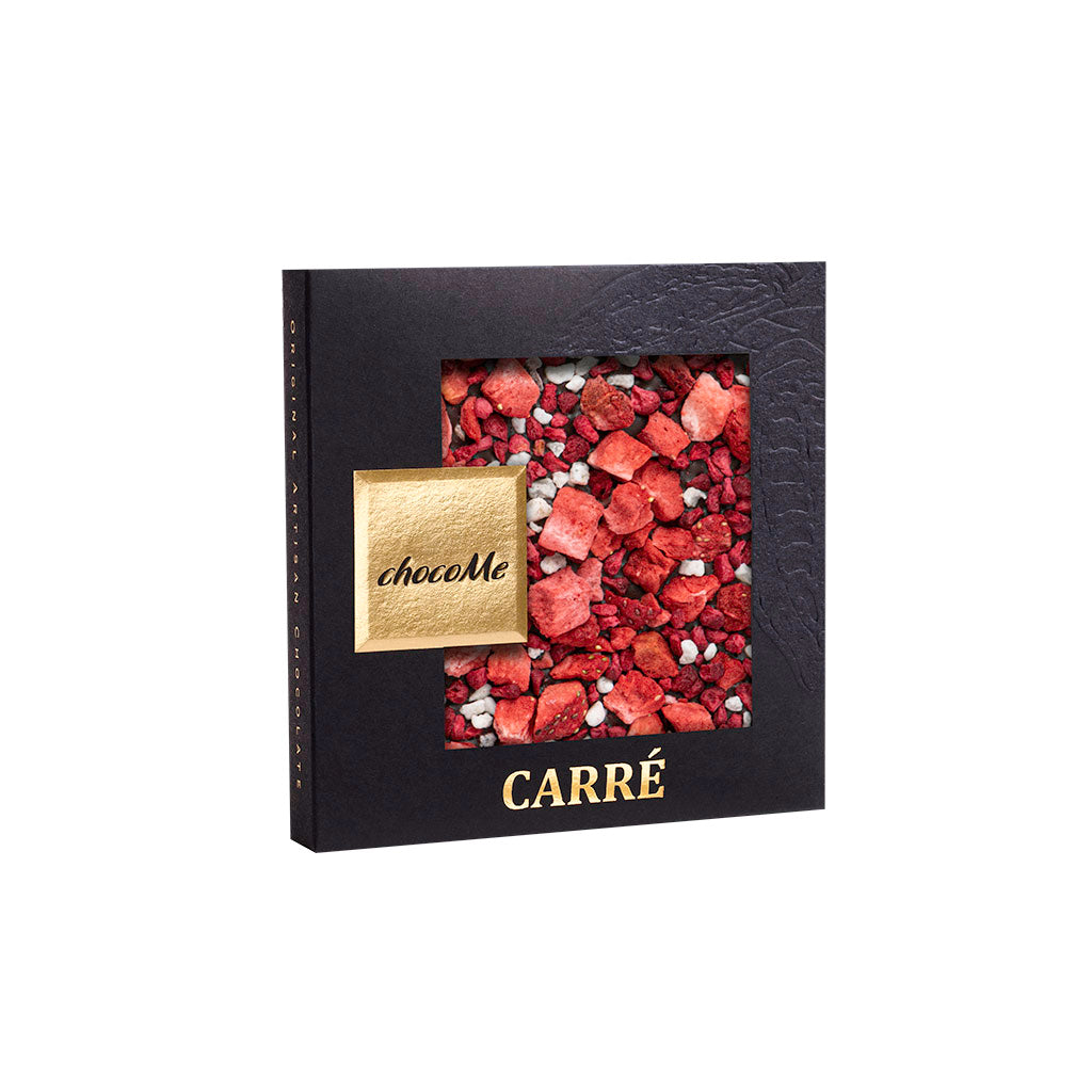 50B121 Chocolate Negro V66% con Cáscara de Limón, Trozos de Fresa y Trozos de Frambuesas para Cava Rosado