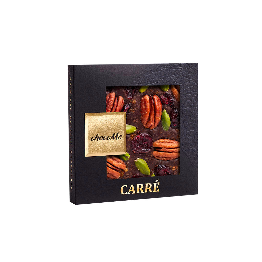 50F101 Chocolate Negro V66% con Canela, Nuez Pecana, Arándano Rojo y Pistacho