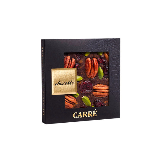 50F101 Chocolate Negro V66% con Canela, Nuez Pecana, Arándano Rojo y Pistacho