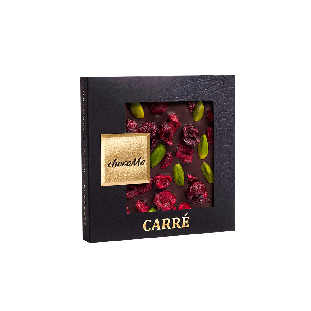 50MG104 Dark chocolate V66% with Bronte pistachio, freeze-dried red currant and orange chocolate bars