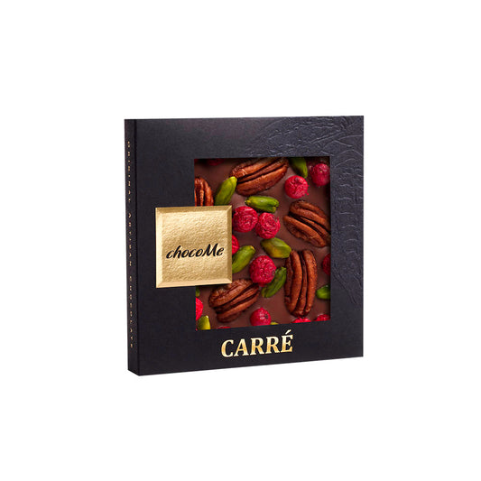 50MG110 Chocolate con leche 43% con grosella roja, pistacho y nuez pecana