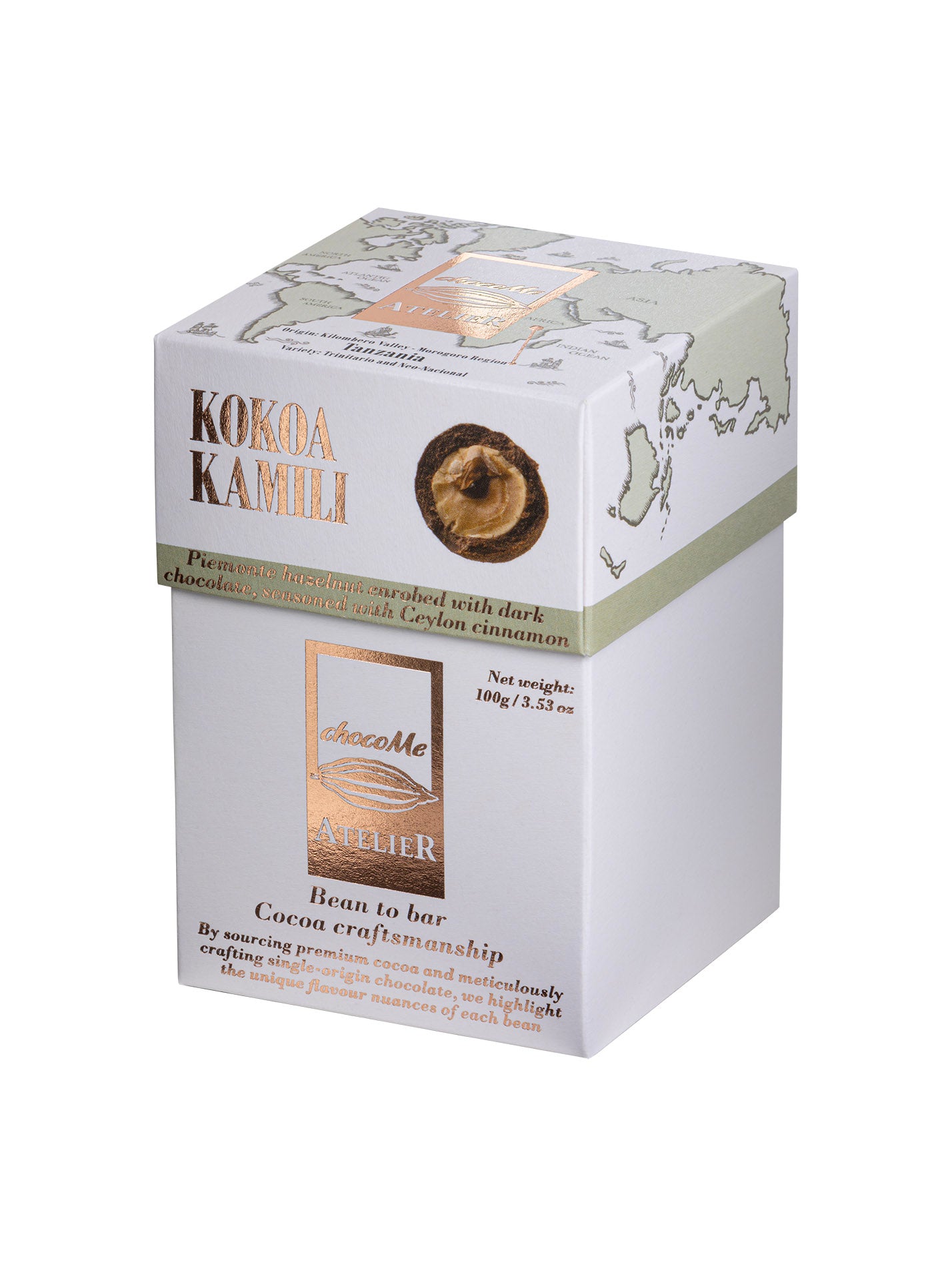 BB-RF102 Avellanas de Piamonte envueltas con chocolate negro al 70% de la variedad Kokoa Kamili y canela de ceylan