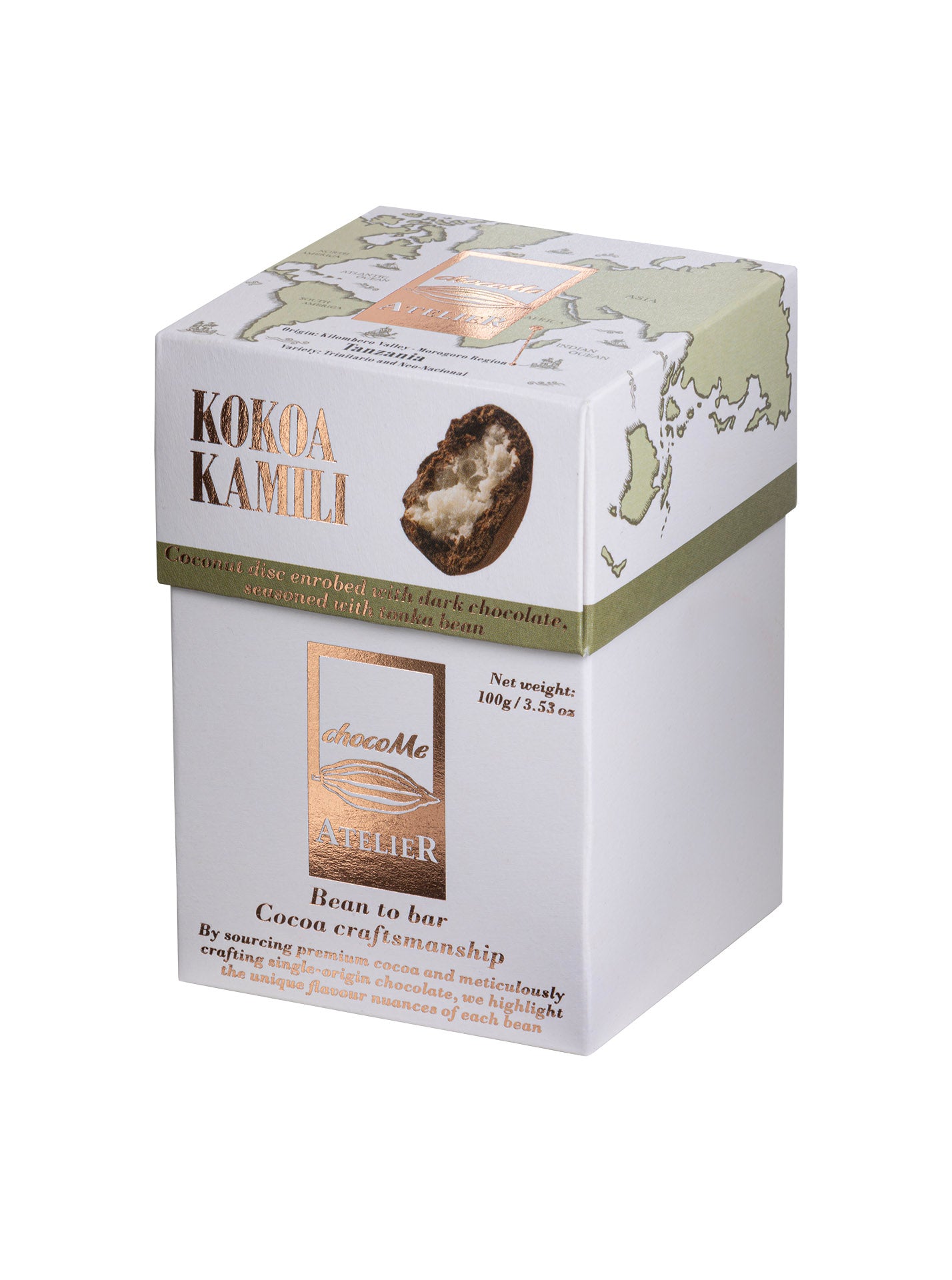 BB-RF103 Discos de coco envueltos en chocolate negro al 70% de la variedad Kokoa Kamili y con habas de Tonka