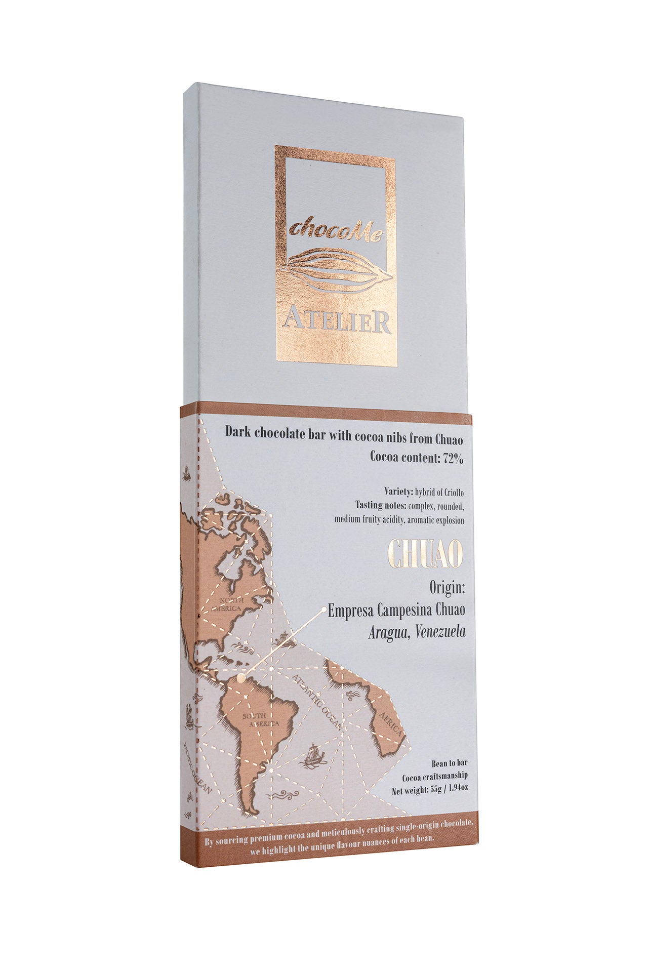 BB102 Chocolate negro 72% fabricado con granos de cacao de Chuao. Variedad: híbrido de Criollo.