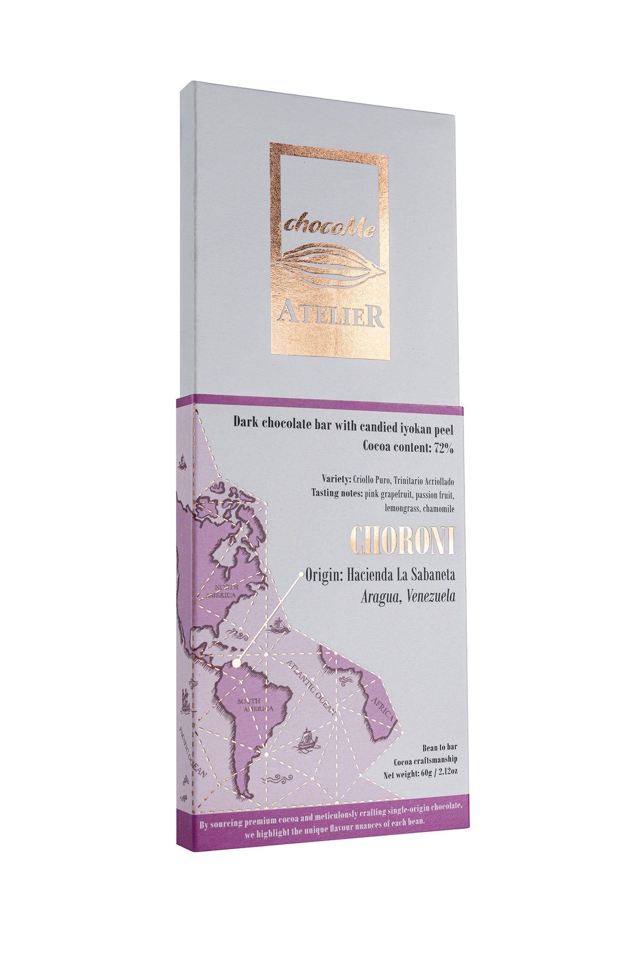 BB104 Chocolate negro 72% fabricado con granos de cacao con cáscara de iyokan confitada. Variedad: Trinitario.