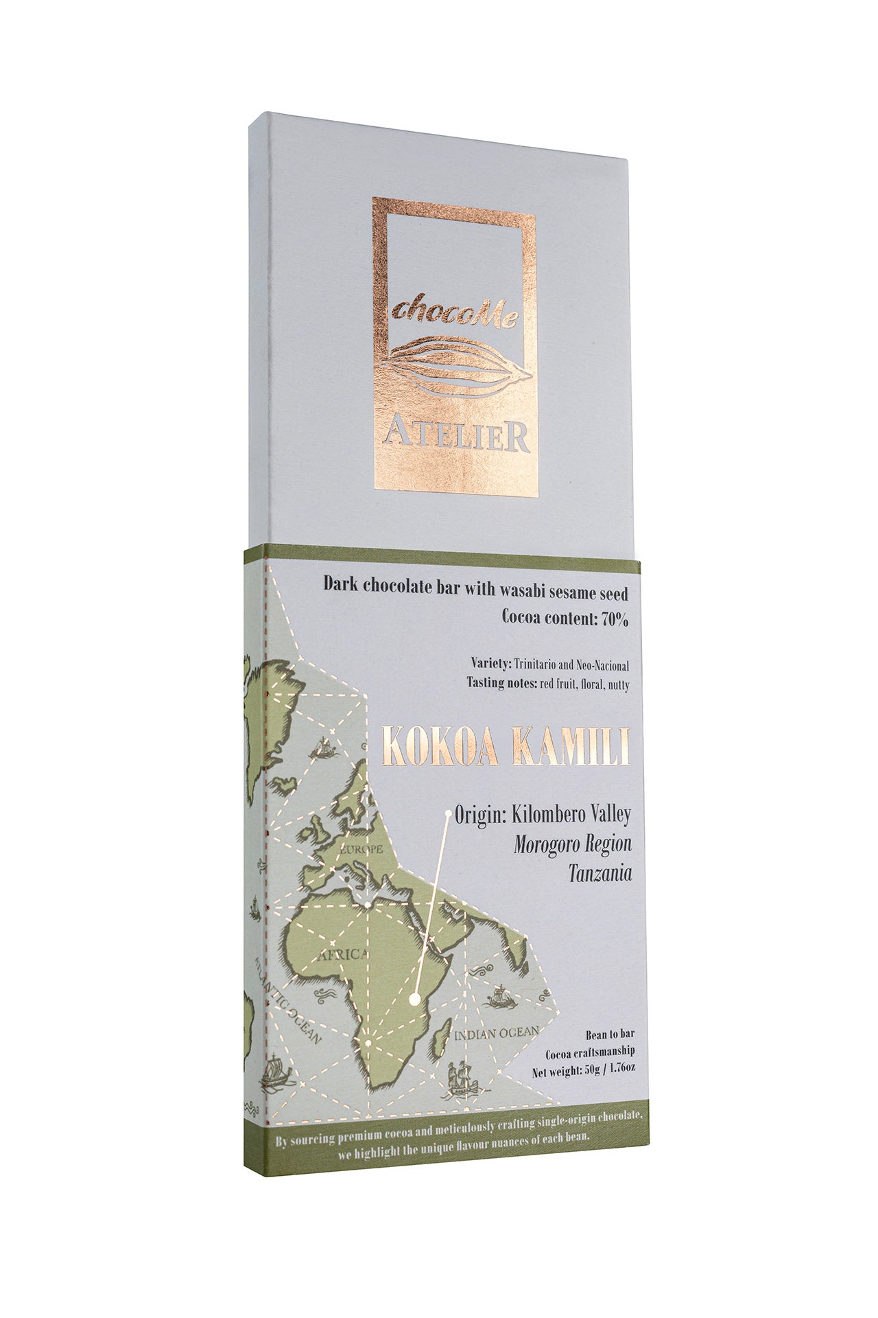 BB106 Chocolate negro 70% fabricado con granos de cacao Kamili con semillas de sésamo de wasabi. Variedad: Trinitario y Neo-nacional.