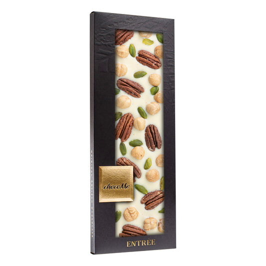 M121 Chocolate Blanco con Nuez Pacana, Pistacho de Bronte y Avellana de Piemonte
