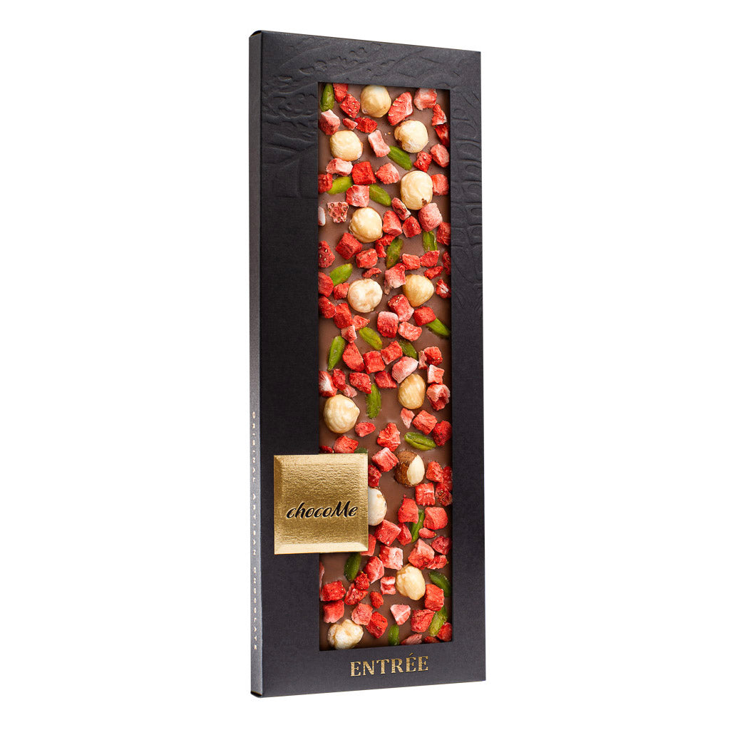 MG109 Chocolate con leche 43% trozos de fresa pistacho avellana