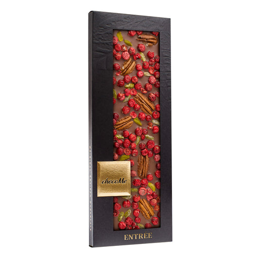 MG110 Chocolate con Leche 43% con Nuez Pecana, Pistacho y Grosella Roja