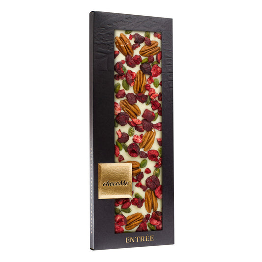 MG116 Chocolate Blanco con Nuez Pecana, Guinda y Pistacho