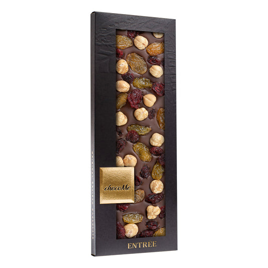 MG141 Chocolate con Leche 43% con Pasas de Oro, Arándano Rojo y Avellana de Piemonte