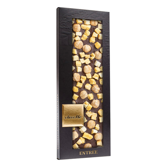 MG142 Chocolate con Leche 43% con Canela, Trozos de Melocotón Liofilizados y Avellana de Piemonte