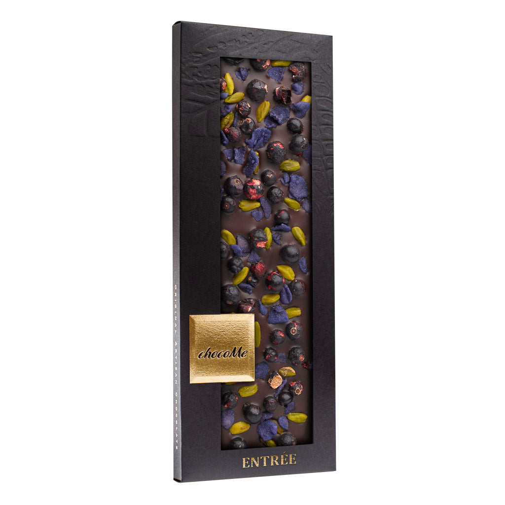 B109 Chocolate negro V66% con pétalos de violeta, pistacho y grosella negra para Syrah