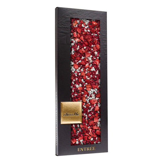 B121 Chocolate Negro V66% con Cáscara de Limón, Trozos de Fresa y Frambuesas para Cava Rosado