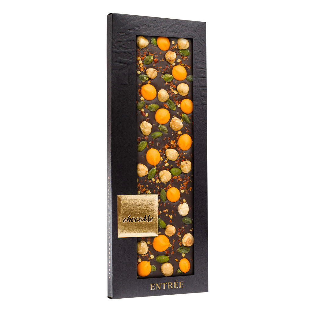 F107 Chocolate Negro V66% con Chili, Avellana, Pistacho y Chocolate de Naranja 110g