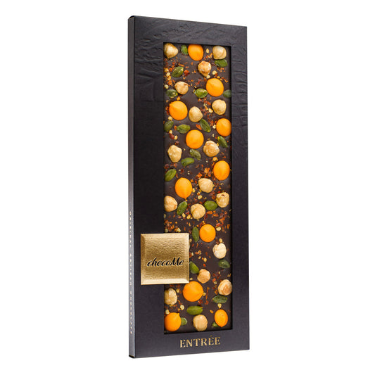 F107 Chocolate Negro V66% con Chili, Avellana, Pistacho y Chocolate de Naranja 110g