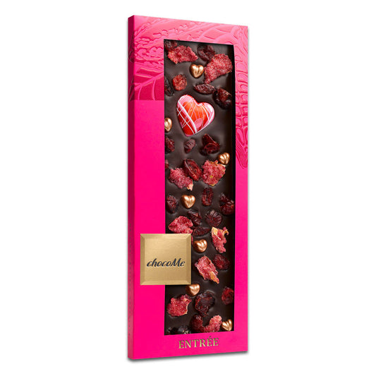 LV101 Chocolate Negro V66% con Arándano Rojo, Pétalos de Rosa, Corazón de Chocolates Blanco y Corazones de Chocolates Bronze