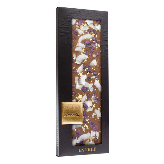 V108 Chocolate con Leche 43% con Pétalos de Violeta, Coco y Oro Comestible de 23 Quilates