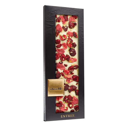 V109 Chocolate Blanco con Pétalos de Rosa, Guinda y Oro Comestible de 23 Quilates