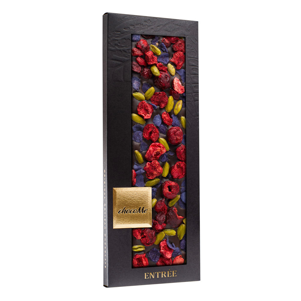 V114 Dark Chocolate V66% with Violet Petals, Pistachio and Cherry