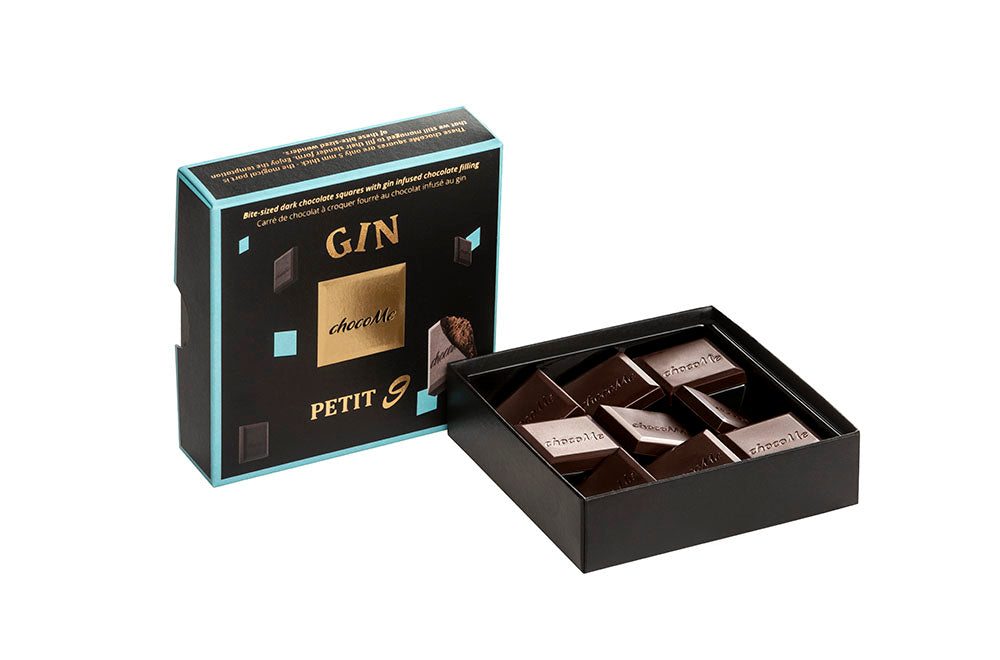 PT906 Bite Size Mordidas de Chocolate Amargo com Recheio de Chocolate com Infusão de Gin 50g