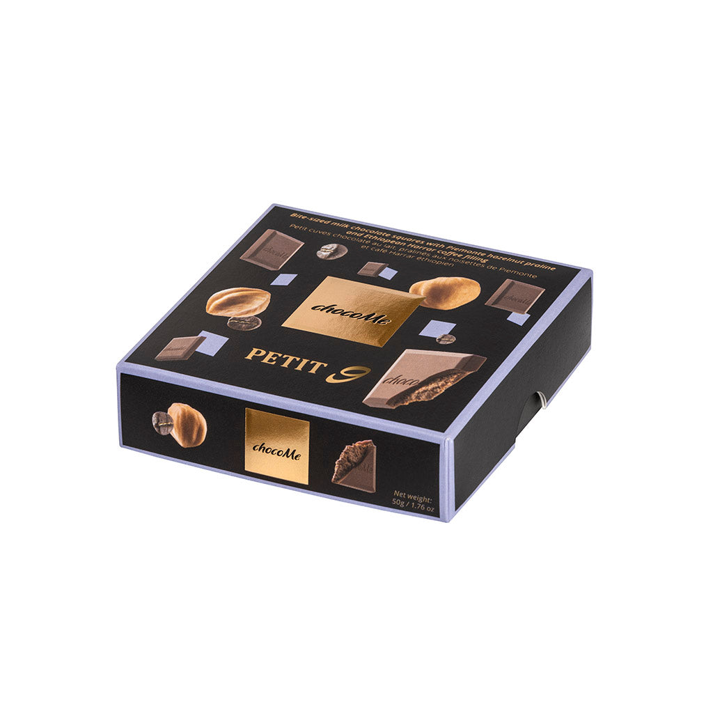 PT903 Pedaços de chocolate ao leite com praliné de avelã do Piemonte e recheio de café Harrar etíope 50g