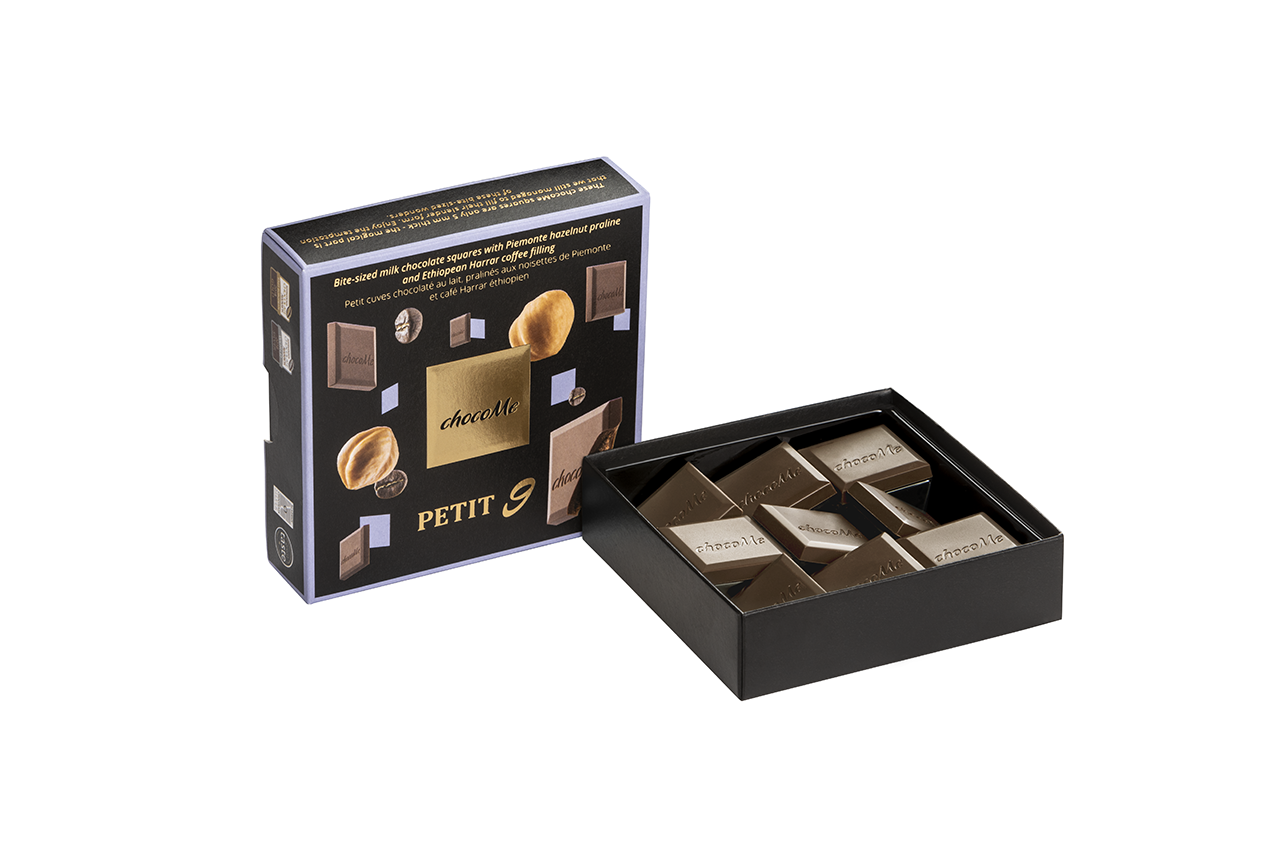 PT903 Pedaços de chocolate ao leite com praliné de avelã do Piemonte e recheio de café Harrar etíope 50g