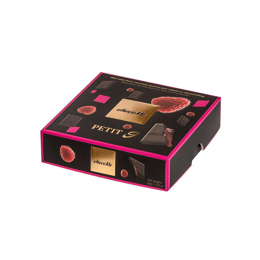 PT904 Bocados de chocolate negro rellenados con frambuesa 50g