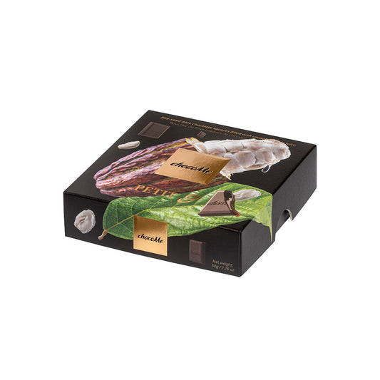 PT908 Quadrados pequenos de chocolate amargo recheados com suco de polpa de cacau 50g