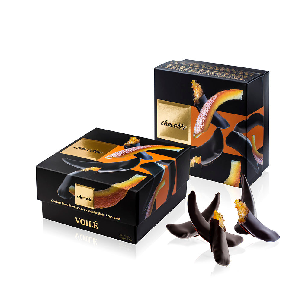 VL101 Casca de laranja espanhola coberta com chocolate amargo V66%, temperada com canela e cravo 120g