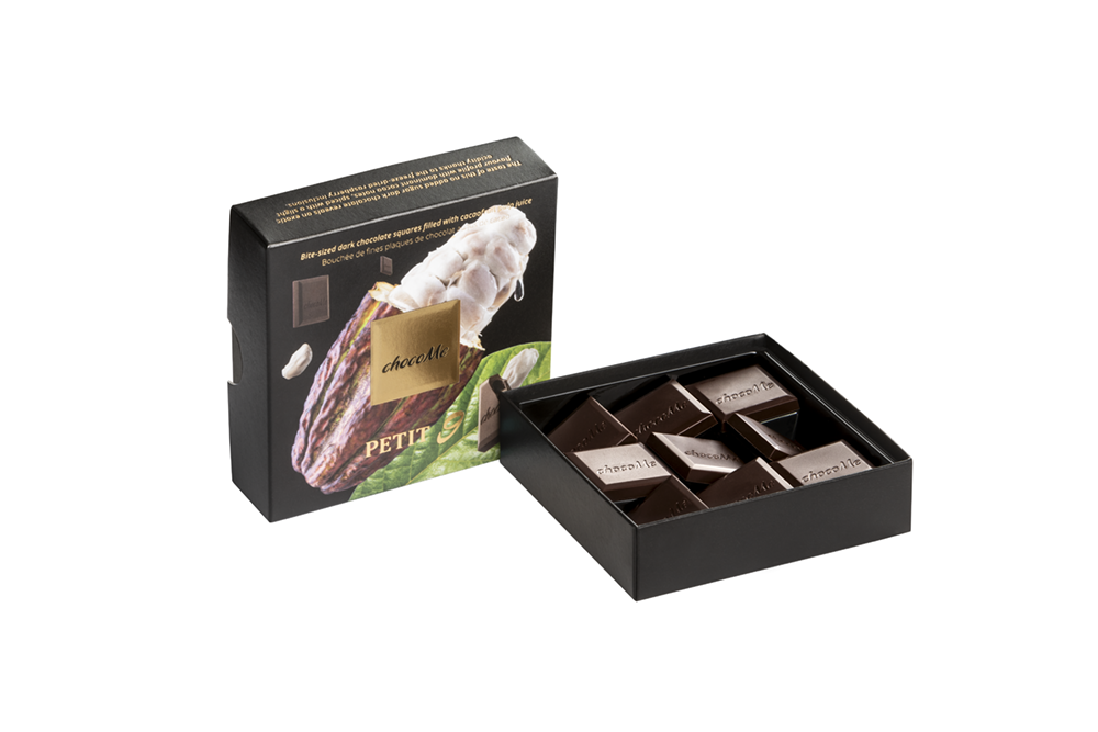 PT908 Quadrados pequenos de chocolate amargo recheados com suco de polpa de cacau 50g