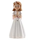 dekora – Figura Decorativa para Primera comunión Niña con Rosario y Lazo Rosa - 16 cm Elaborada en Resina - Muñeca de comunión para tarta - Diseño Original y Detallado - Apta para Contacto Alimentario