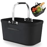 30L Cesta de la Compra Plegable Grande, Cesta de la Compra Cesta de Pícnic | Práctica Cesta Plegable con Asas de Aluminio, Bolsa de la Compra Familiar para Camping Pícnic (Negro)