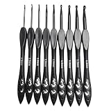 POFET Juego de Ganchos de Crochet Negros, Ganchos de Crochet de Metal ergonómicos para Manos artríticas, 9 Piezas de Ganchos de Crochet con Mango de plástico único (2,0 mm-6,0 mm)