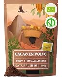 NaturaleBio Cacao Ecológico en Polvo 200g. Organic Powder. Bio, Natural y Puro producido a Partir de Granos Crudos de la Planta Theobroma. Sin Azúcares Añadidos. Testado para Metales Pesados.