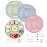 Mfqire 4PCS Platos de Snacks con 5 Compartimentos Bandejas para Aperitivos reutilizables con 6 Tenedores, Diseño Redondo de 22,5 cm - Ideal para Fiesta, Cumpleaños, Picnic, Dulces, Frutas, Salsas