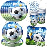 Juego de vajilla de fiesta de fútbol de 64 piezas, platos de papel para la Copa del Mundo, cumpleaños infantil, decoración de fútbol, cubiertos de cumpleaños infantiles, incluye platos, servilletas
