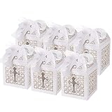 LEMESO 50 Cajas de Papel para Dulces Recuerdos de Comunión y Bautizo | Cajitas Blanca con Cruz para Detalles de Comunión Boda y Baby Shower, con 50 Cintas y 50 Etiquetas para Regalos de Fiesta