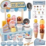 HERSITY Heladeria Juguete Madera Carrito de Helados, Accesorios de Cocina | Juguetes Alimentos Niños con Dinero de Menú, Juego de Roles Regalos para Niñas 2 3 4 Años, Azul