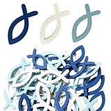 PYRUVAE 100 Piezas Peces de Madera para Decoración Comunión, Bautizo y Mesa Dulce, Confeti de Mesa en Blanco y Azul para Celebraciones, Adornos de Madera para Invitaciones y Manualidades, 40g