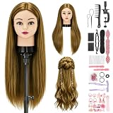 Yofuly 24in/61cm Cabeza Peluqueria, 80% Cabello Humano Real, Cabeza Natural Peluqueria Maniquí muñeca para Peinar Practicas con Peluquería con Soporte +Accesorios de Peinado DIY(Dorado)