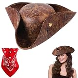 Aomig Sombrero Pirata Adulto, Sombrero Tricornio con Pañuelo, Cuero | Gorro Cuero, Disfraz Capitán, Halloween Cosplay, Masquerade