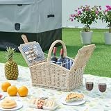 casa.pro Juego de Cesta de Pícnic para 2 Personas con Platos Cubiertos Espacio Amplio para Comida Refrescos Forro a Rayas Correas de Polipiel Mimbre 40 x 28 x 37 cm - Blanco/Azul