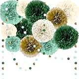 Pompones de Papel Decoración Cumpleaños Verde y Dorado, 15 Piezas Flores de Papel de Seda con Guirnalda para Baby Shower, Comunión, Mesa Dulce, Adornos Bautizo, Boda y Fiesta