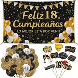 Photocall 18 Cumpleaños Pancarta Gigante 185x115cm- Decoracion 18 Cumpleaños - 30 Globos y 12 Stickers De Fiesta Celebración dieciocho Años Adultos Chico Chica Fotocol Español Telón de Fondo Cartel