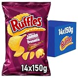 RUFFLES Patatas Fritas Onduladas Sabor Jamón para Aperitivo y Reuniones, Bolsas de 150 g, Pack de 14