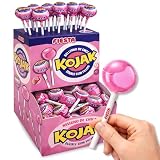 Caramelo con Palo Sabor helado de fresa, Caramelo relleno de Chicle Kojak, Apto para veganos, sin gluten, sin huevo y sin lactosa es completamente apto para celíacos, Contiene 1 caja con 100 unidades