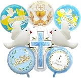 Globo Primera Comunion Decoración de Comunión con Cruz y Palomas Blancas (Azul)